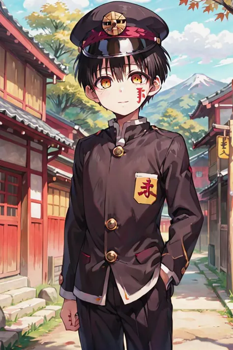 anime boy in uniform standing in front of a building