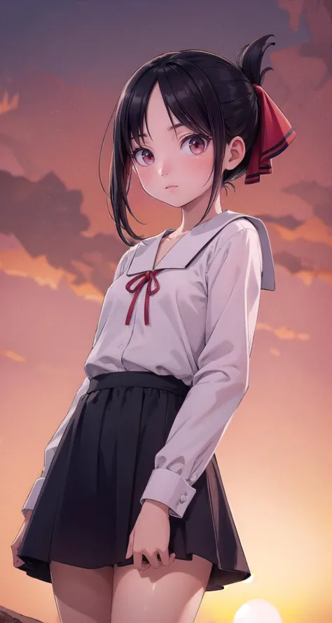 a girl in a school uniform standing on a beach at sunset