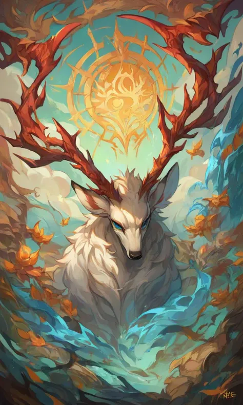 a painting of a deer with horns and a sun in the background