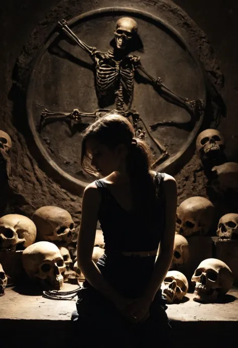 artful abstract photograph of soul crushing 19 years old young woman, sylphlike, silhouette, skulls, alarming, glamorous, antique,