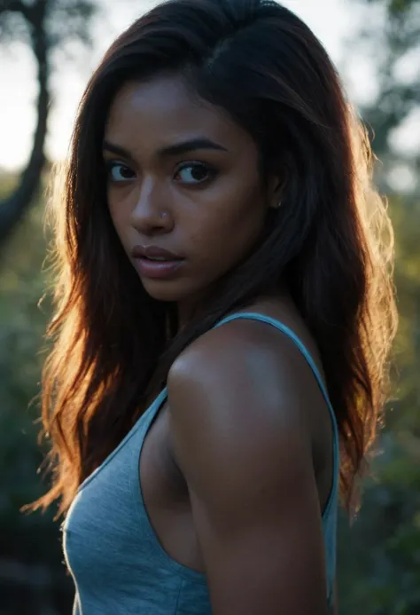 a woman with long hair and a tank top posing for a picture