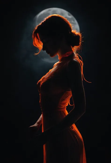 a young woman's silhouette, Red Orange outline, ultra dark, dire, moonshadow, divine, Gloomy, mysterious, stringy, light glow,