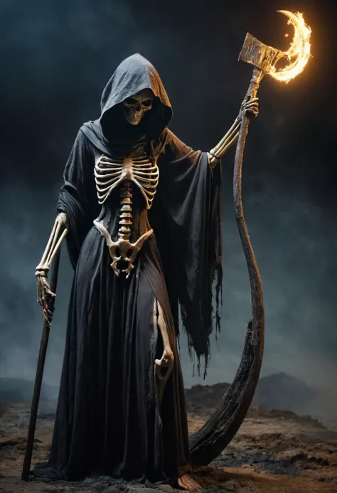 dark nightmare of a 21 years old Sri Lankan young woman, Al-jinn, personification of the end of life, skeletal figure, carries a scythe, dark tattered robes, hooded figure,, afterlife, universal inexorable force in existence, condensing,pyro,air,mottled,ignition,aquatic, supernatural, cavernous, crumbling, forceful, supernatural, glum, flare,  f/16, shutter speed 1/30 sec, iso3200, white balance shade, exposure compensation    "+2.5 ev", shutter priority shooting mode, leading lines, focus mode manual, partial metering, by ian miller, dynamic weather systems,