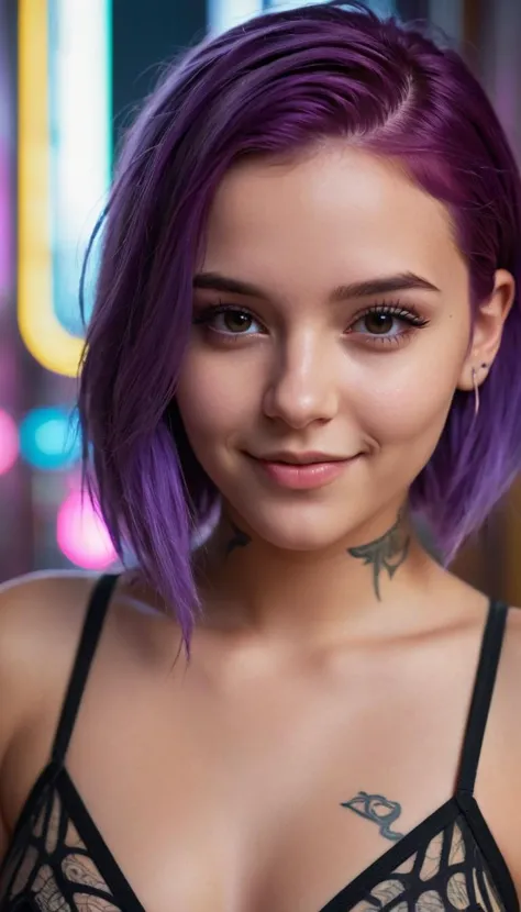 a woman with purple hair and tattoos posing for a picture