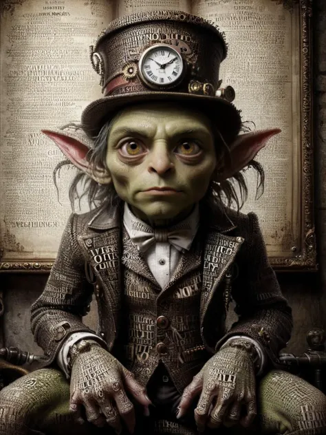 award winning photograph of a goblin with cunning eyes made of dvr-txt in wonderland, magical, whimsical, fantasy art concept, steampunk, intricate details, best quality, masterpiece, ultra shartp, hyper realistic, realism<lora:dvr-txt:1>