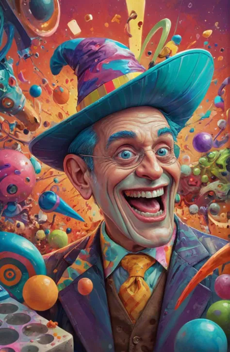 a close up of a clown with a hat and a lot of balloons