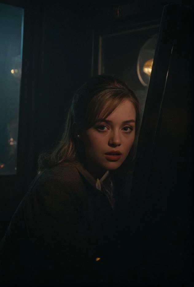 (Portrait Photo of an actress in 1960s attire, leaning against a classic diner's jukebox, under vibrant and contrasting lighting, from a slightly tilted angle, embodying the mood of cool and retro)((dodge and burn, corner edge darken vignette)((exposure POP!!! hdr extremely intricate, High (Detail:1.1), Sharp focus, dramatic cinematic light, (8k textures, elegant, ((((cinematic look))))breathtaking, insane details))  
Movie Still, Film Still, Cinematic, Cinematic Shot, Cinematic Lighting