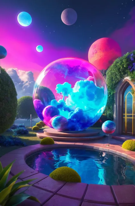 a colorful orb floating in a pool with a sky background