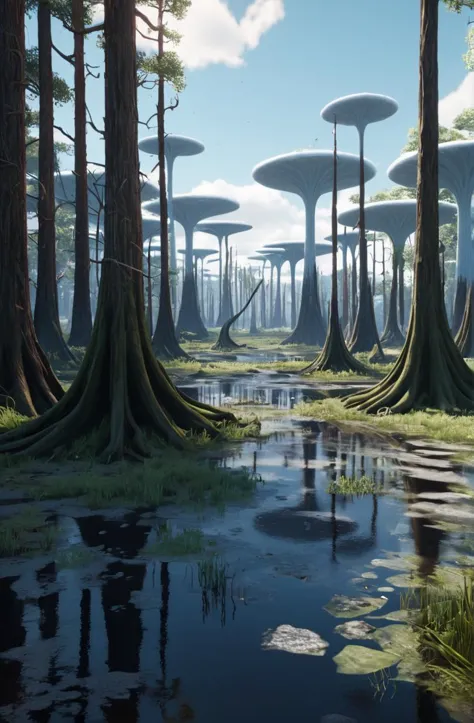 alluring, radiant, zingy, lovely, frosty, evil, dreadful, mid-century modern, Turning, wonderment, swamp, hyperdrive, philip kennedy johnson, Go Nagai, adam kraft, alfred stieglitz,  John singer Sargent, cinematography rendered in unreal engine 5, wide angle landscape, trending on artstation