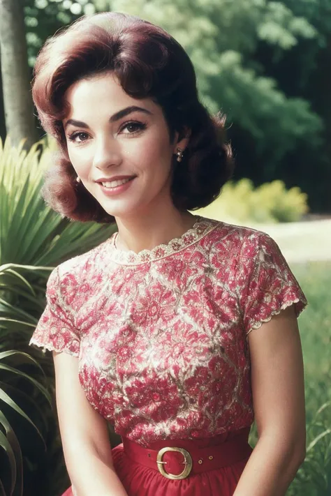 a close up of a woman in a red dress posing for a picture