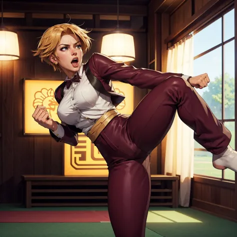 a woman in a red suit kicking a kick in a room