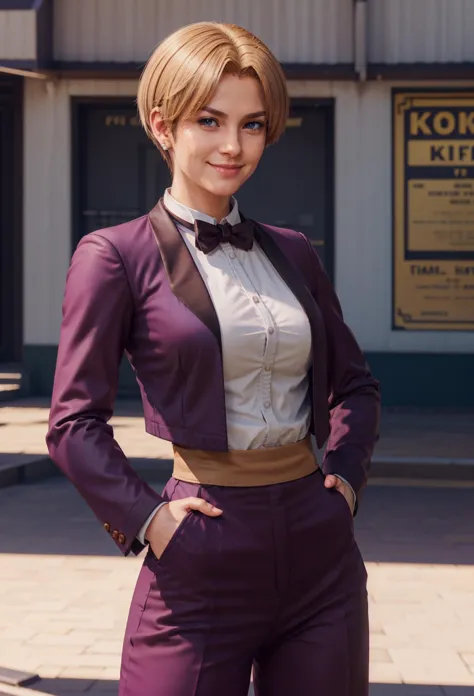 arafed woman in a purple suit and bow tie posing for a picture