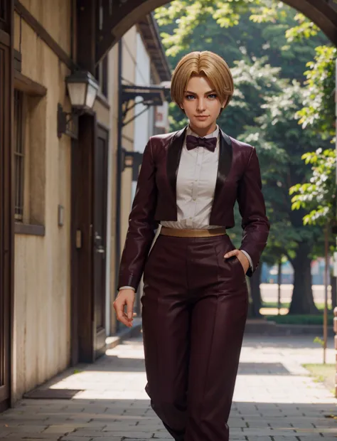 woman in a suit and bow tie walking down a street