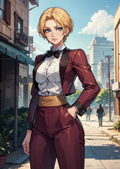 a woman in a suit standing on a city street