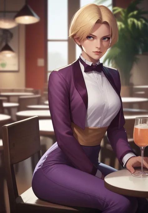 a woman in a purple suit sitting at a table with a glass of wine