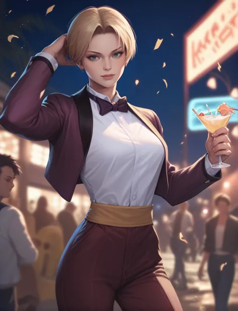 a woman in a suit holding a martini in a crowded street