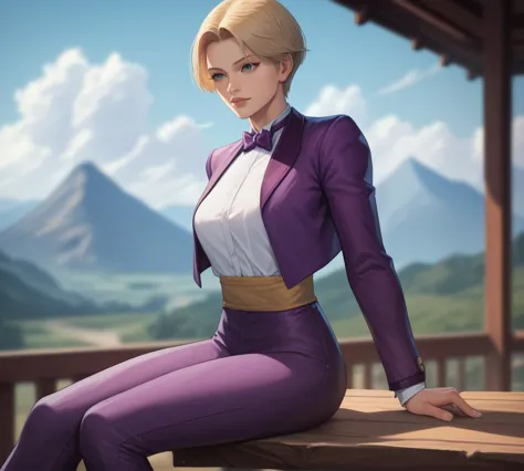 a woman in a purple suit sitting on a wooden bench