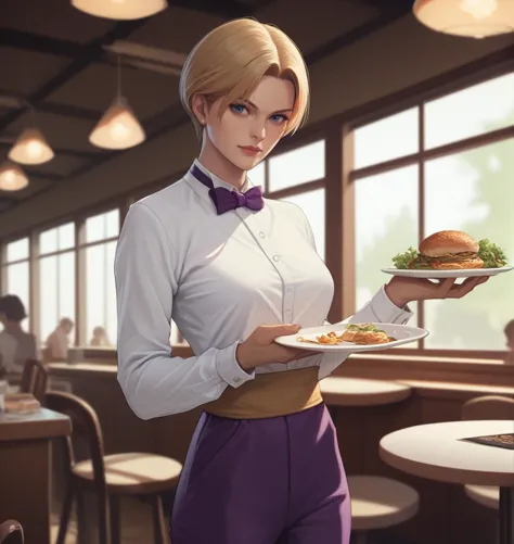 anime girl holding a plate of food in a restaurant