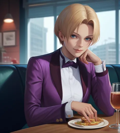 anime girl in purple jacket sitting at a table with a plate of food