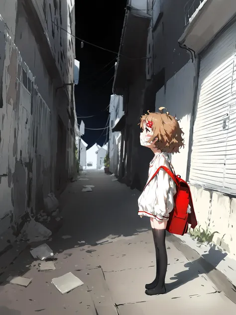 anime girl with a backpack standing in an alleyway