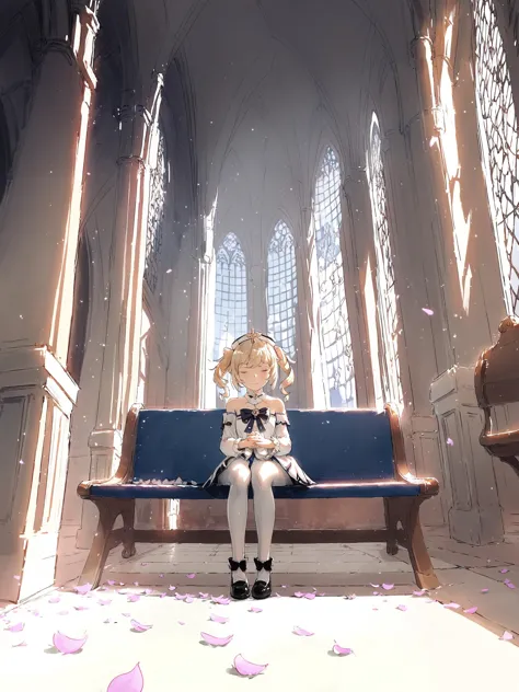 anime girl sitting on a bench in a church with petals on the ground