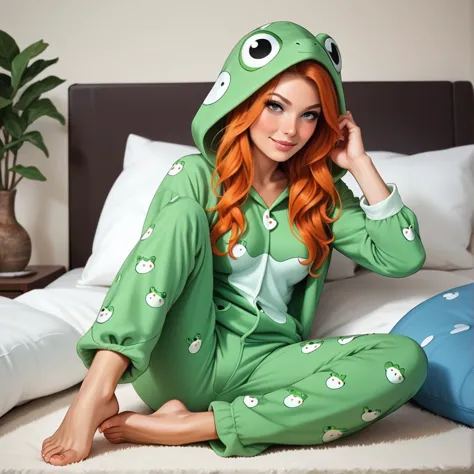 araffe in a green frog pajamas sitting on a bed