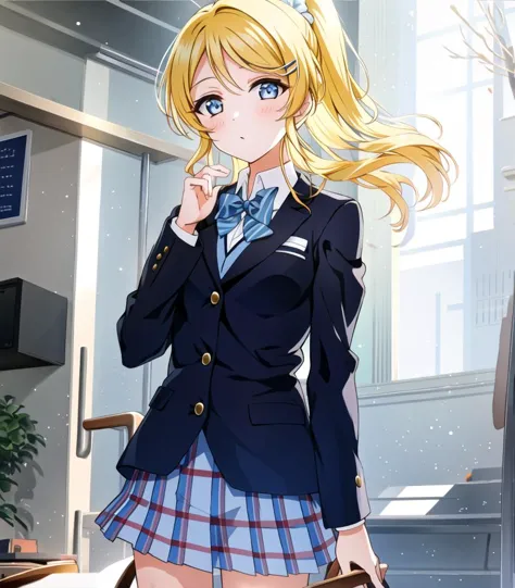 masterpiece, best quality, 1girl, <lora:loveliveEliAyaseEllie_v1:0.5>, long hair, blonde hair, blue eyes, ponytail, school uniforms