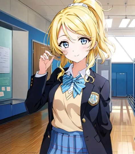 anime girl in school uniform holding a cigarette in a hallway