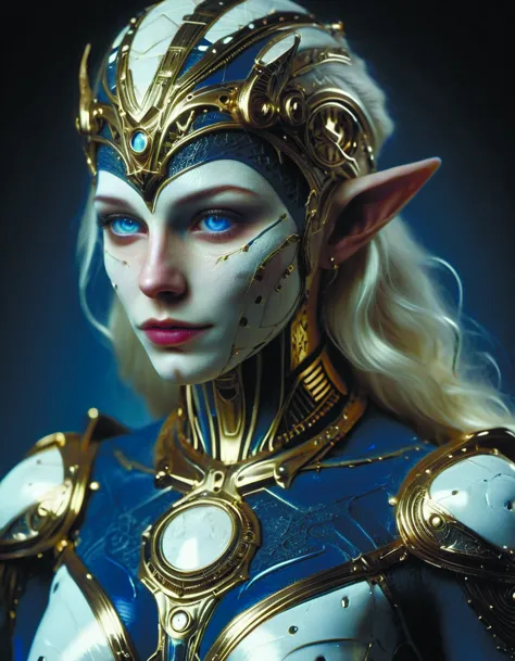 a close up of a woman in armor with blue eyes