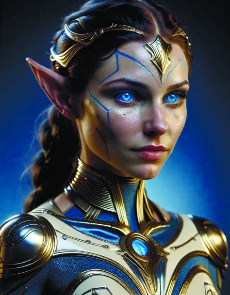 a close up of a woman with blue eyes and a gold costume