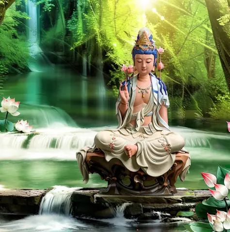 Guanyin sitting on a lotus flower seat, Guanyin Bodhisattva, Avalokitesvara, Chinese temples scattered in the forest not far away,   waterfall cascading into a lake or stream in the background, mountains and briliant small lake in the background, Lotus in ...