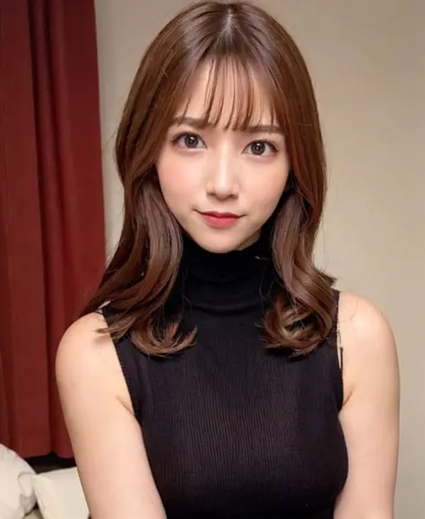 best quality, photorealistic, 8k, high res, 1girl, woman, (skindentation), (professional lighting), (portrait:0.6), (sleeveless turtleneck sweater:1.62), (wavy brown hair), gorgeous, ((black hair)), (short straight hair:1.4), (flowing hair:1.6), (eyes looking at viewer:1), ((looking at viewer:1.6)), (looking at the camera), photorealistic, (bokeh), (portait:0.6), (dynamic pose:1.2), masterpiece, intricate, realistic, sharp focus, award-winning photograph, sfw,  <lora:VCOMix-B2-EP3-Riri N:0.81>