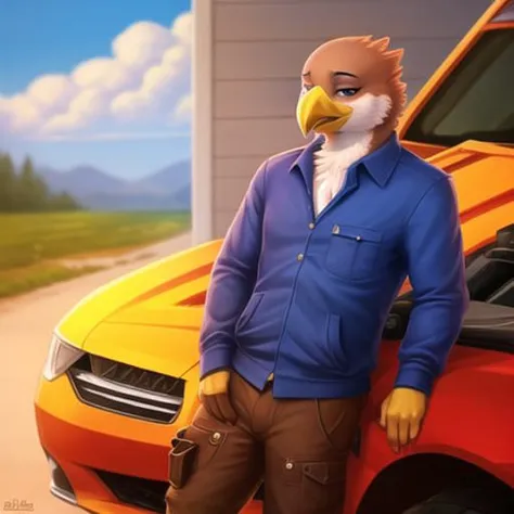 a close up of a person standing next to a car with an eagle head on it