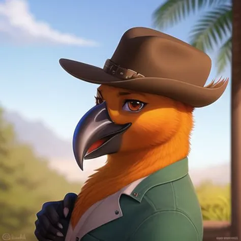 a close up of a bird wearing a hat and a jacket