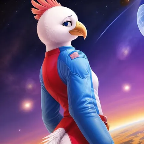 a close up of a bird in a space suit with a planet in the background