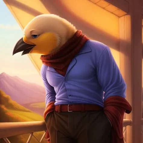 a close up of a bird wearing a scarf on a balcony