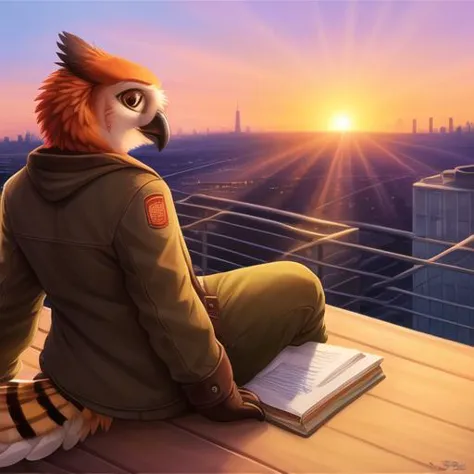 <lora:anthroBirdsLora_v25:1> realistic, sunrise, soft lighting, 4k, big city in background, sitting on roof, bird, tail feathers, beak, anthro, avian, ((owl)), beak, brown body, (winged-arms), sunrays, detailed shadows, bald, clothes, pants,