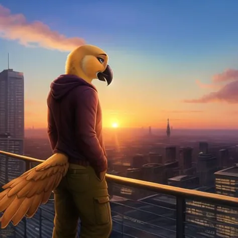 araffe standing on a ledge overlooking a city at sunset