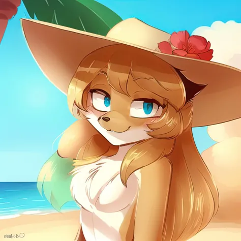 a close up of a cartoon girl wearing a hat on a beach