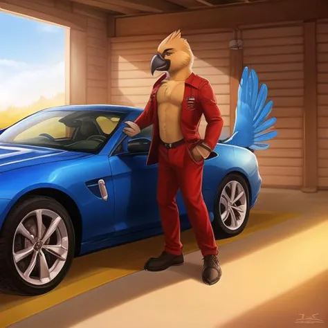 araffe in a red suit standing next to a blue sports car