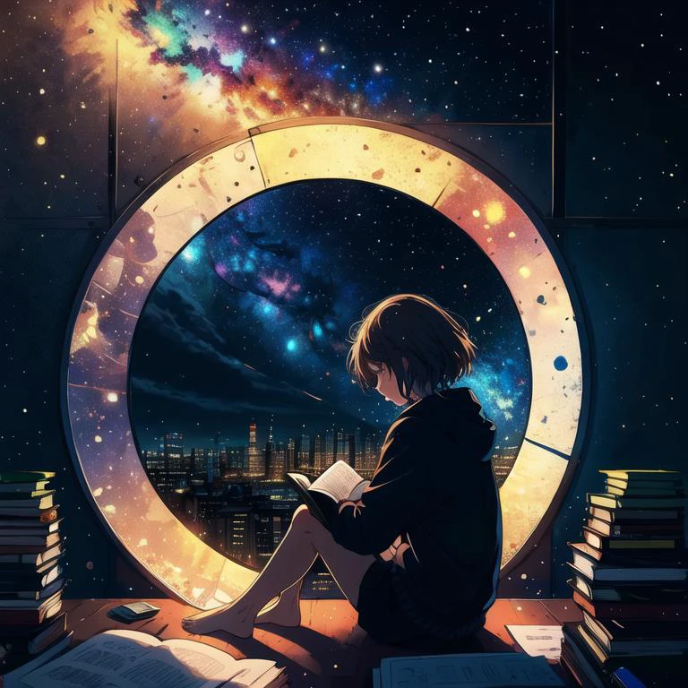 masterpiece, 1girl, solo, room full of scattered books, sitting at window, barefoot, reading book, night at window, distant city lights, starry sky, nebula, close side shot, 8k, detailed, best quality,