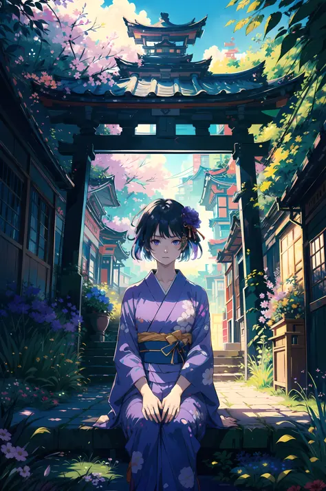 (Cinematic Digital Artwork:1.3) of (Masterpiece:1.3),(Sad:1.3) 1girl, solo, from above, \(purple flowers\), aesthetic, intricate, best quality, detailed background, Homura Akemi, ((\girl wearing a patterned purple kimono:1.2\)), \(sitting in garden\), casual pose, detailed textures, posing, floral print, hair flower, hair ornament, japanese clothes, kimono, obi, outdoors, pagoda, petals, purple kimono, sash, shrine, sky, stone stairs, torii, wide sleeves, yukata,(by Artist Andre Masson:1.3),CGSociety,ArtStation,(Colorful:1.3)