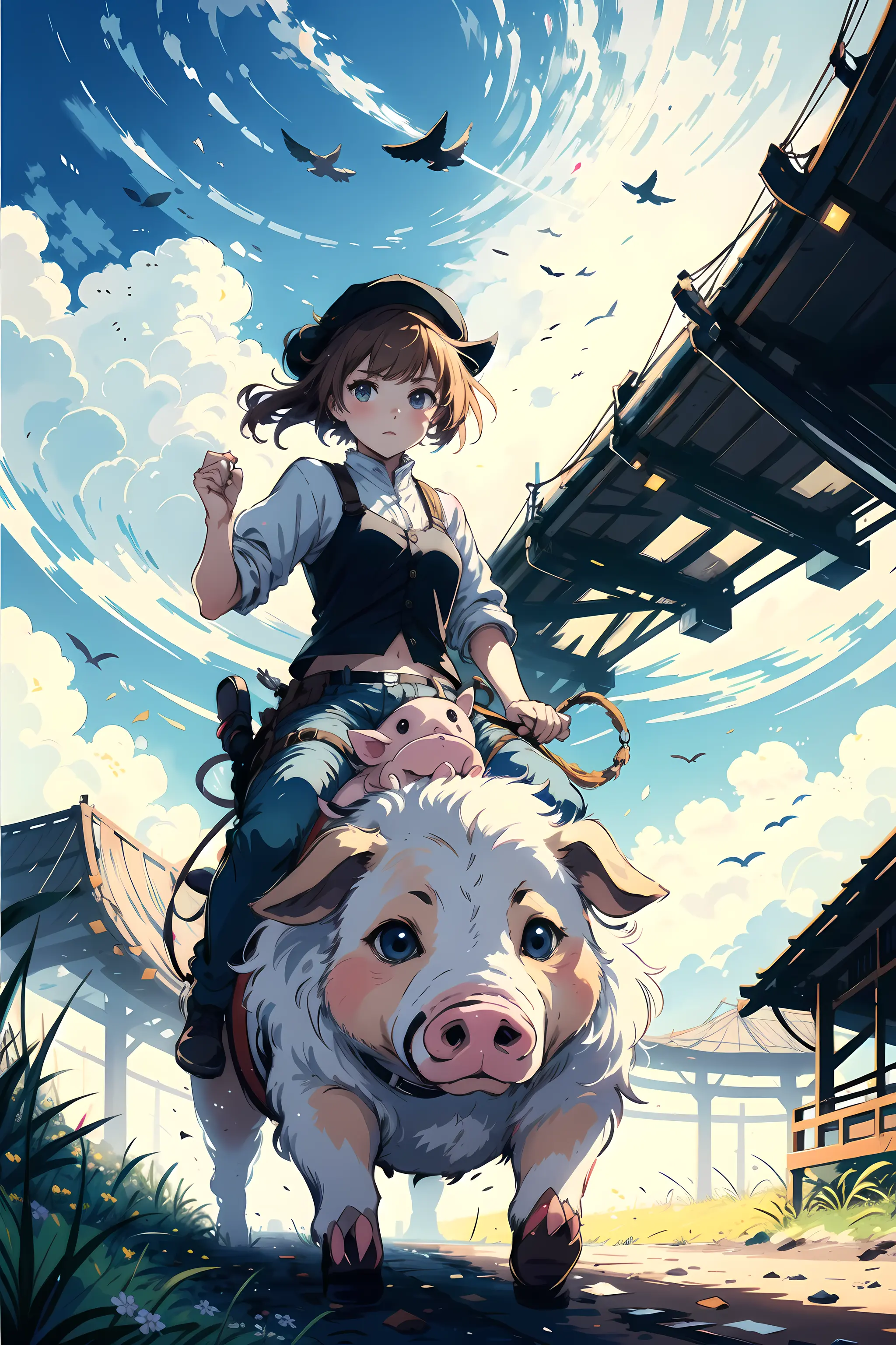 a chibi girl riding pig,(by Artist Jan Hendrik Weissenbruch:1.3)
