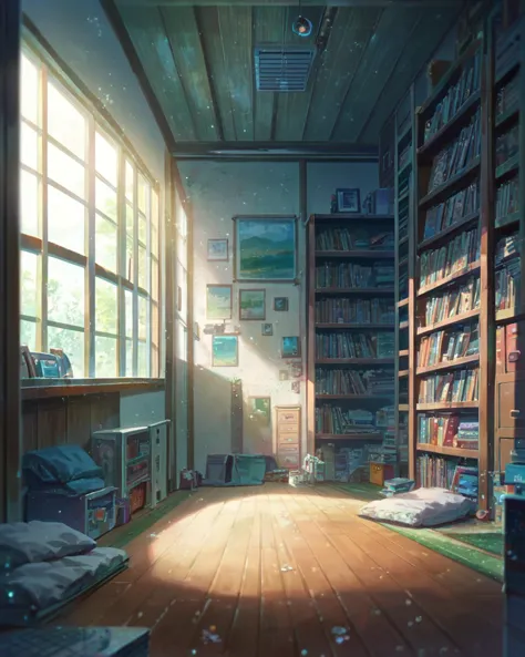 score_9, score_8_up, score_7_up, zPDXL,Shinkaistyle, no humans, scenery, closeup, depth of field, apartment, cozy vibe, dust particles, bookshelf, clutter<lora:Shinkai_style:1>