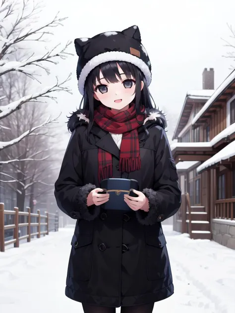 <lora:Tsutsumi_Kinuka:0.8>, TsutsumiKinuka, 1girl, solo, long hair, long hair, bangs, black hair, black eyes, town, outdoor, snow,
fur hat, scarf, coat, shoes, happy, standing, looking at viewer, cowboy Shot,
masterpiece, high quality, very_high_resolution, large_filesize, full color,