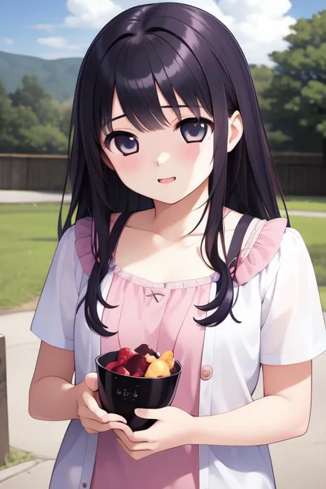 anime girl holding a bowl of fruit in a park