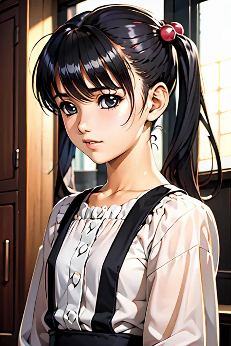 (masterpiece, best quality), 1girl,   TsutsumiKinuka, 1girl, solo, hair ornament, hair bobbles,long hair, bangs,  twintails, black hair, black eyes, hair ornament, ,