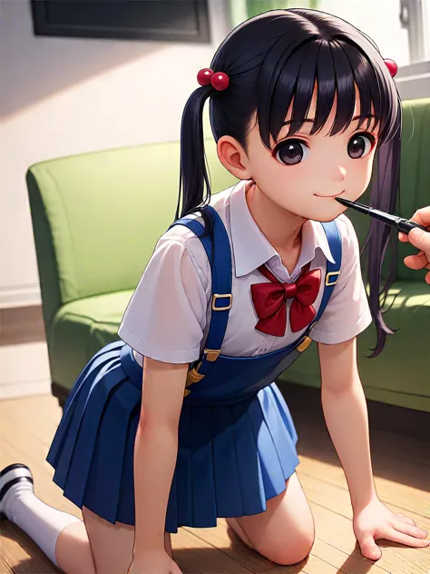 score_9, score_8, score_8_up, score_7_up, best quality, masterpiece, source_anime, indoors, kneeling in front of sofa chair, child TsutsumiKinuka, 1girl, solo, hair ornament, hair bobbles,long hair, bangs, twintails, black hair, black eyes, smile,
short sleeves, blue skirt, school uniform, pleated skirt, bow, suspender skirt, red bow, bowtie, red bowtie, long hair, bangs, closed mouth, collared shirt, suspenders, pen in mouth
