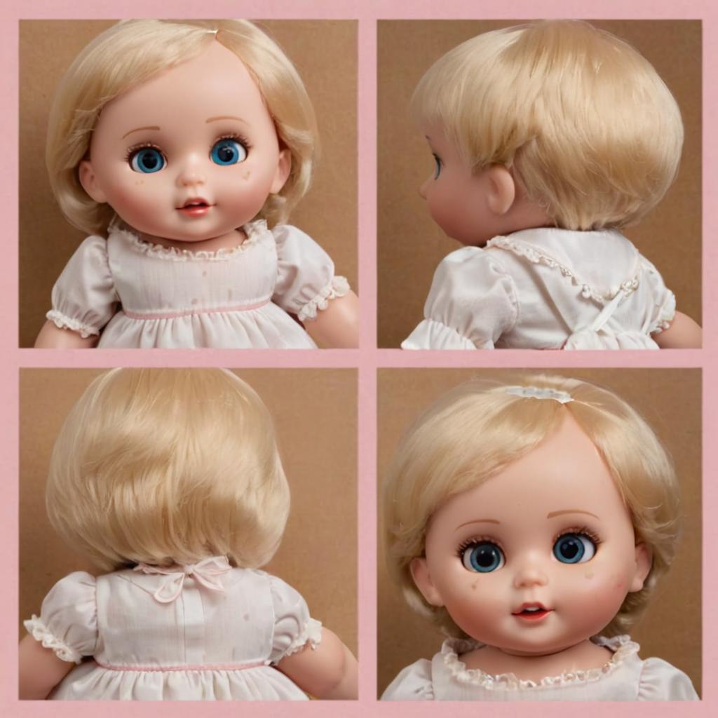 A close up of a doll with different expressions of a blonde hair - SeaArt AI