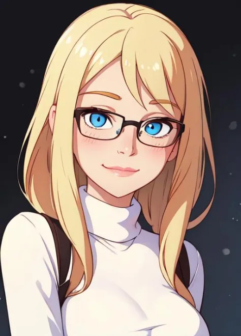 (Gwen_Stacy: 1.2), 1girl,solo, blonde hair,white turtleneck sweater, white jeans,glasses,black glasses, blue eyes,blush,hands,pretty face,perfect face,perfect eyes,cute face,femenine face,hands behind back,happy expression,closed mouth,smirk,in frame,winte...